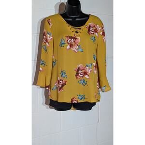Maurices Floral Print Blouse Lace Up V Neck 3/4 Bell Flounced Sleeve Top Medium